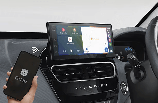 Tata Tiago EV premium 7-inch HD touchscreen infotainment system with wireless Android Auto and Apple CarPlay connectivity for seamless smartphone integration, hands-free calling, GPS navigation, music streaming and voice control in India's best electric car