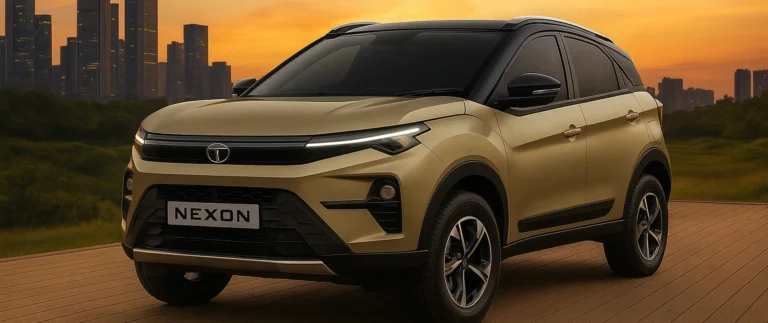 Front 3/4 view of the latest Tata Nexon facelift in a golden or desert bronze color, parked outdoors with a city skyline in the background.